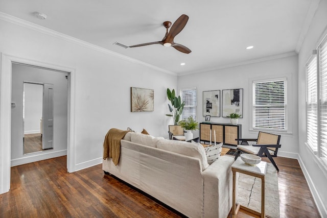 803 Josephine St, Austin, TX 78704 - living area featuring healthy amount of natural light, dark wood-style floors, baseboards, ornamental molding, and a ceiling fan