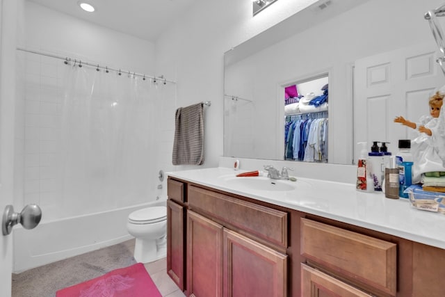 13013 Titanium St, Austin, TX 78754 - full bath featuring toilet, vanity, shower / tub combo with curtain, and tile patterned flooring