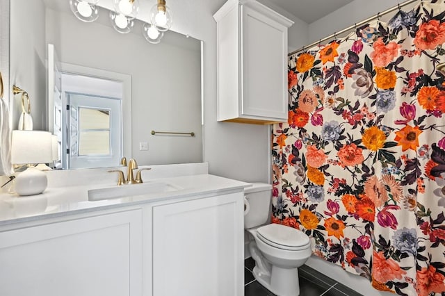 8513 Cottage Rose Dr, Austin, TX 78744 - full bath with toilet, tile patterned flooring, vanity, and a shower with shower curtain