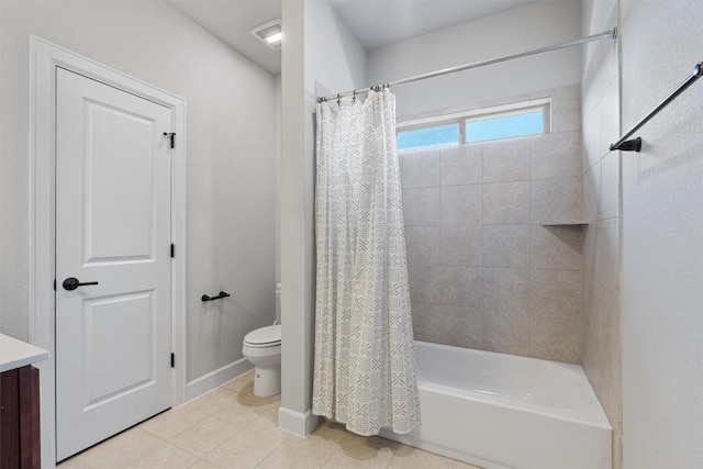 413 Mercer Falls Rd, Lakeway, TX 78738 - bathroom with toilet, shower / bath combo, tile patterned floors, vanity, and baseboards