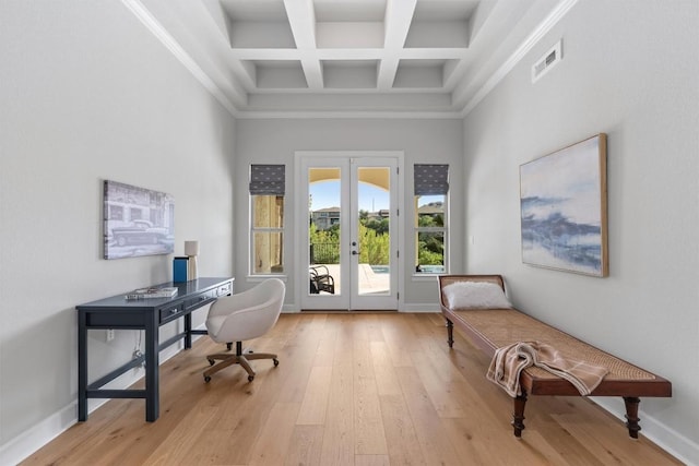 413 Mercer Falls Rd, Lakeway, TX 78738 - office featuring coffered ceiling, french doors, a high ceiling, beamed ceiling, and light wood-style floors