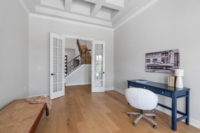 413 Mercer Falls Rd, Lakeway, TX 78738 - home office featuring french doors, wood finished floors, coffered ceiling, baseboards, and ornamental molding