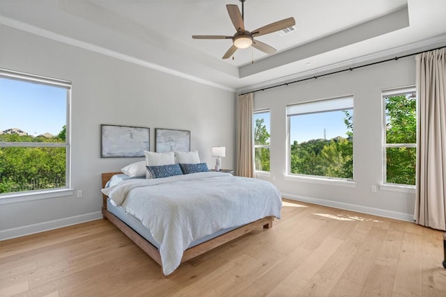413 Mercer Falls Rd, Lakeway, TX 78738 - bedroom featuring a raised ceiling, baseboards, light wood-style floors, and a ceiling fan