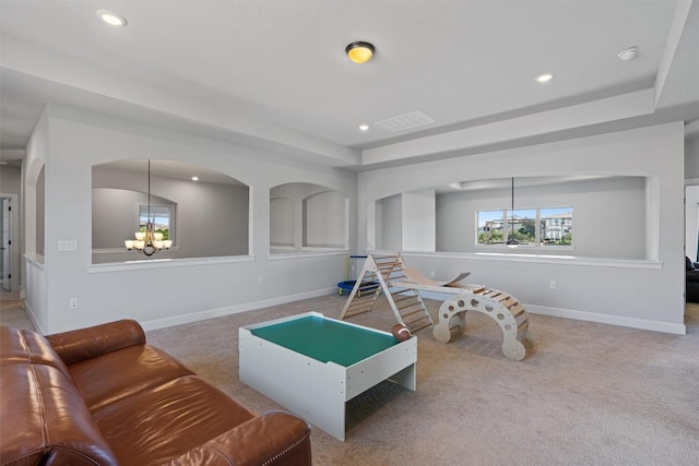 413 Mercer Falls Rd, Lakeway, TX 78738 - recreation room with recessed lighting, a chandelier, carpet, baseboards, and arched walkways