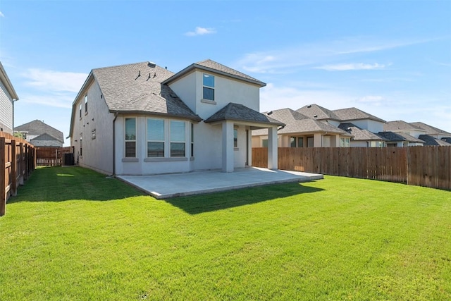 121 Rangel Dr, Liberty Hill, TX 78642 - back of house with stucco siding, a patio, roof with shingles, central air condition unit, and a residential view