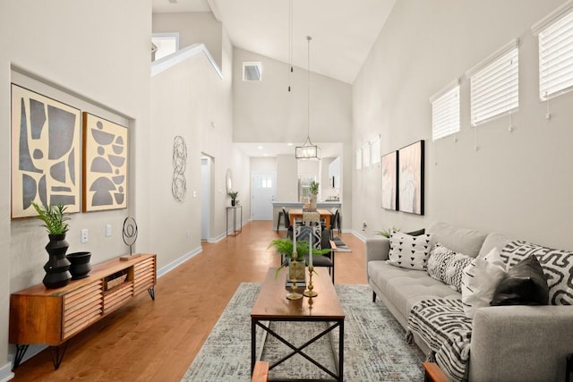 8945 Parker Ranch Cir Unit B, Austin, TX 78748 - living room with wood finished floors, high vaulted ceiling, and baseboards