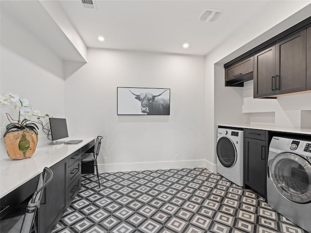 6037 Verandero Ct, Austin, TX 78738 - laundry room featuring washing machine and clothes dryer, cabinet space, baseboards, light floors, and recessed lighting