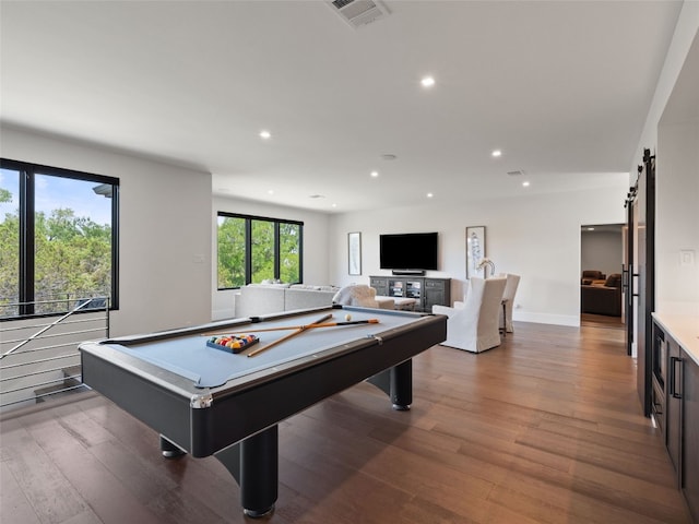6037 Verandero Ct, Austin, TX 78738 - rec room featuring a barn door, recessed lighting, wood finished floors, and billiards