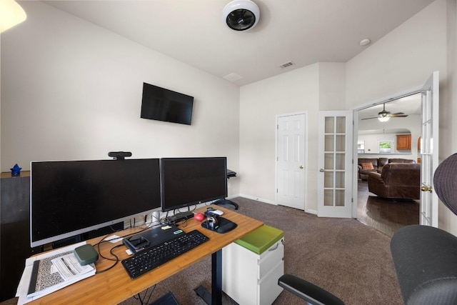 2801 Stirrup Cv, Leander, TX 78641 - office area with french doors, carpet floors, a ceiling fan, and baseboards