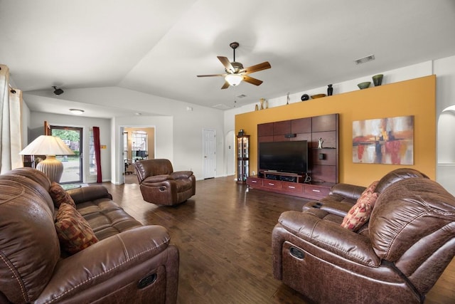 2801 Stirrup Cv, Leander, TX 78641 - living area featuring lofted ceiling, wood finished floors, and a ceiling fan