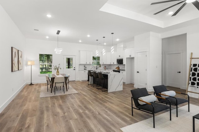147 Puu Waa Waa Ln, Bastrop, TX 78602 - living room featuring a ceiling fan, recessed lighting, light wood-style flooring, and plenty of natural light