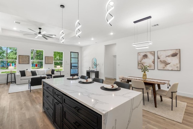 147 Puu Waa Waa Ln, Bastrop, TX 78602 - kitchen with dark cabinets, light wood finished floors, a kitchen island, ceiling fan, and open floor plan