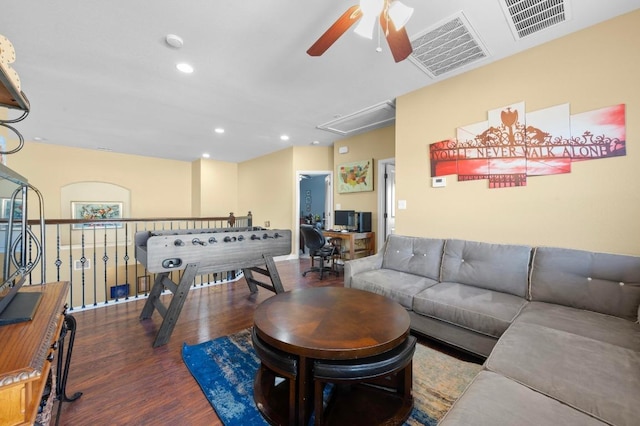 411 Torrington Dr, Austin, TX 78737 - living room featuring attic access, a ceiling fan, wood finished floors, recessed lighting, and an office area