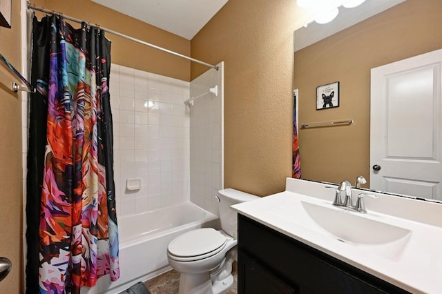 411 Torrington Dr, Austin, TX 78737 - bathroom with a textured wall, shower / bathtub combination with curtain, vanity, and toilet