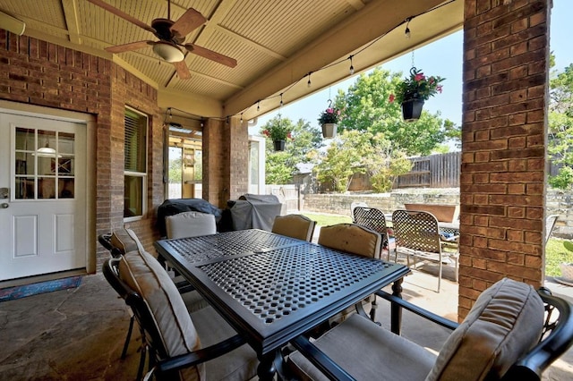 411 Torrington Dr, Austin, TX 78737 - view of patio with ceiling fan, outdoor dining area, and a grill