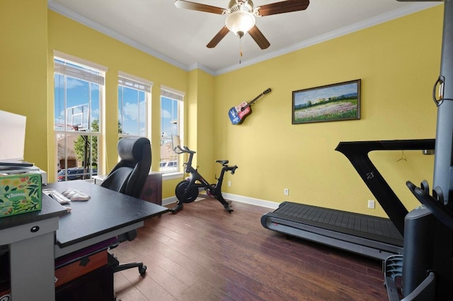 411 Torrington Dr, Austin, TX 78737 - office space with hardwood / wood-style floors, a ceiling fan, ornamental molding, and baseboards