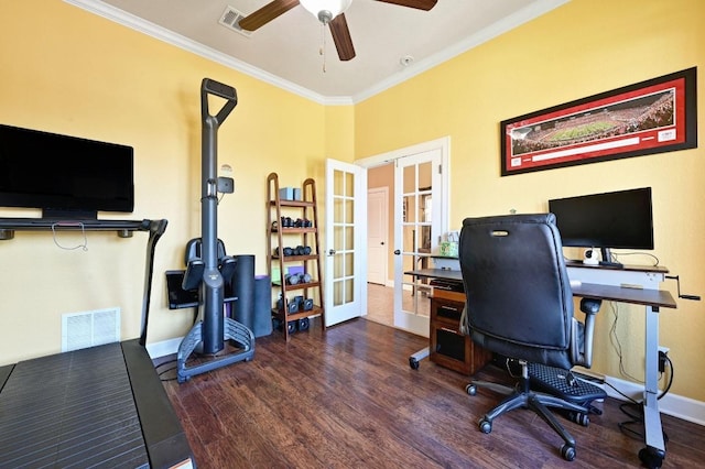 411 Torrington Dr, Austin, TX 78737 - home office with french doors, wood finished floors, crown molding, a ceiling fan, and baseboards