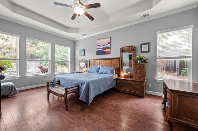 411 Torrington Dr, Austin, TX 78737 - bedroom featuring a tray ceiling, dark wood-style floors, baseboards, ornamental molding, and ceiling fan