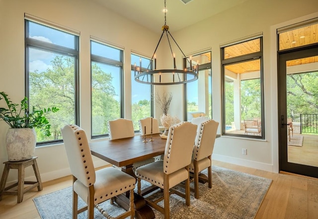 104 Megan Ln, Horseshoe Bay, TX 78657 - dining room with healthy amount of natural light, a chandelier, baseboards, and light wood finished floors