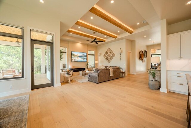 104 Megan Ln, Horseshoe Bay, TX 78657 - living area featuring beam ceiling, light wood finished floors, recessed lighting, a ceiling fan, and baseboards
