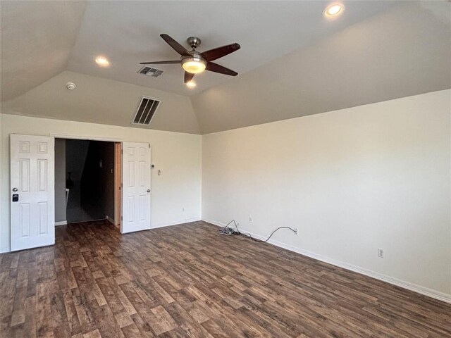 11708 Pillion Pl, Manor, TX 78653 - empty room featuring ceiling fan, lofted ceiling, dark wood-style flooring, baseboards, and recessed lighting