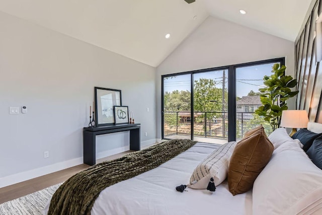 4803 Philco Dr, Austin, TX 78745 - bedroom featuring access to outside, high vaulted ceiling, recessed lighting, wood finished floors, and baseboards