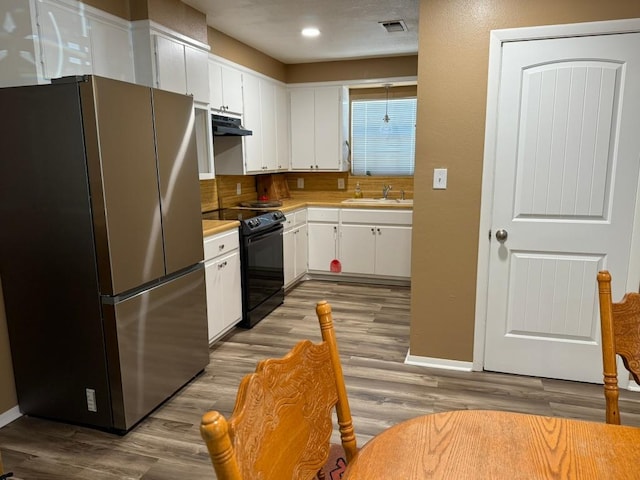 1503 Sioux Trl, Kingsland, TX 78639 - kitchen with freestanding refrigerator, black electric range oven, a sink, light countertops, and under cabinet range hood