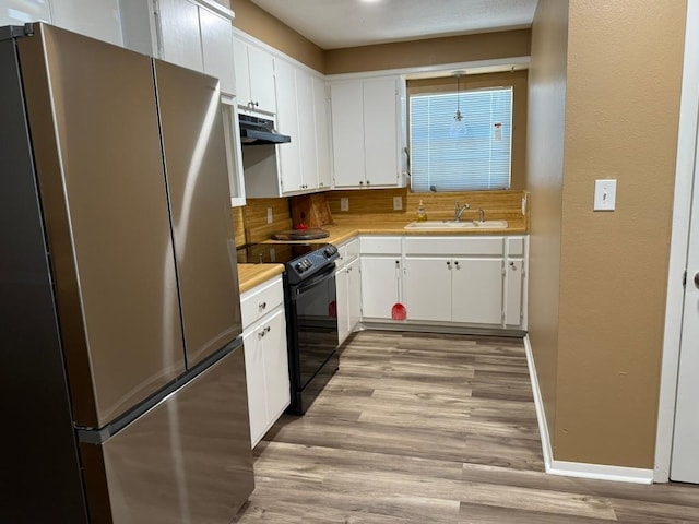 1503 Sioux Trl, Kingsland, TX 78639 - kitchen featuring freestanding refrigerator, electric range, a sink, under cabinet range hood, and light countertops
