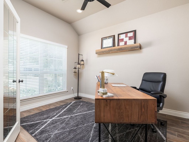 500 Cortona Ln, Georgetown, TX 78628 - office area with ceiling fan, baseboards, dark wood-style floors, and vaulted ceiling