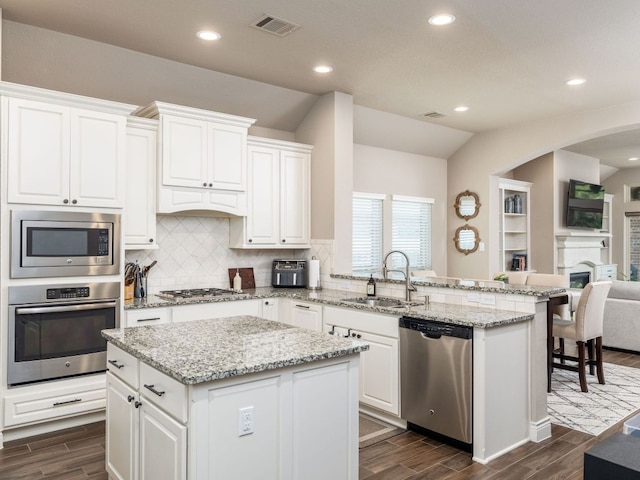 500 Cortona Ln, Georgetown, TX 78628 - kitchen featuring appliances with stainless steel finishes, a sink, a peninsula, dark wood-style floors, and recessed lighting