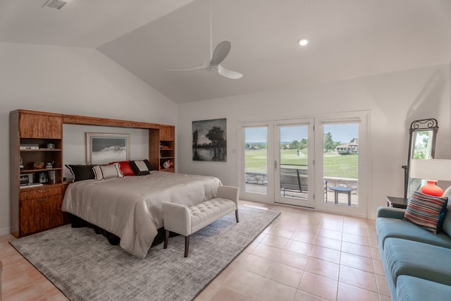 2704 Aurora, Horseshoe Bay, TX 78657 - bedroom with vaulted ceiling, access to outside, light tile patterned flooring, a ceiling fan, and recessed lighting