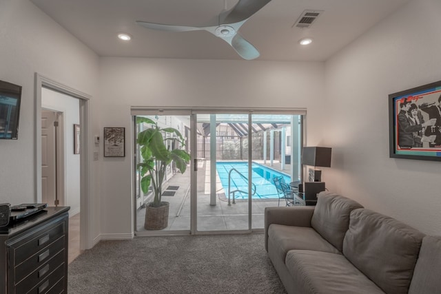 2704 Aurora, Horseshoe Bay, TX 78657 - living room with a ceiling fan, carpet floors, and recessed lighting