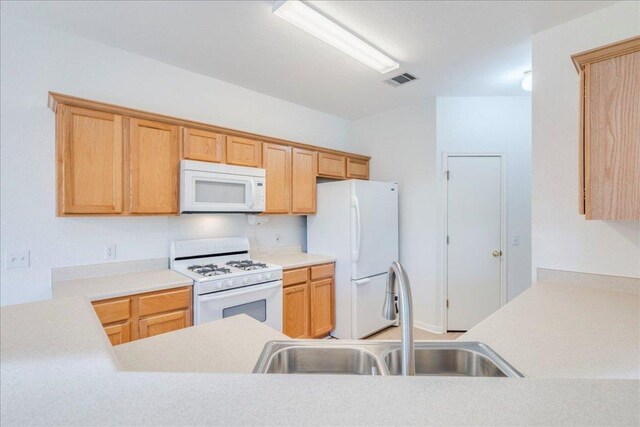 117 Spillway Dr, Kyle, TX 78640 - kitchen featuring white appliances, a sink, and light countertops