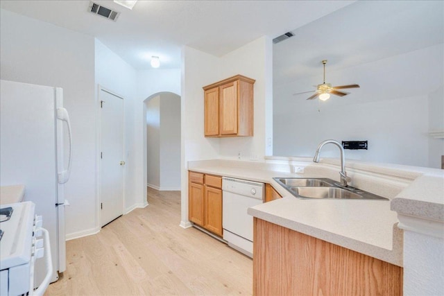 117 Spillway Dr, Kyle, TX 78640 - kitchen featuring white appliances, a sink, arched walkways, light wood-type flooring, and ceiling fan