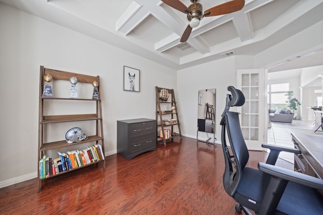 1581 Grassy Field Rd, Austin, TX 78737 - home office featuring coffered ceiling, ceiling fan, dark wood-type flooring, baseboards, and beamed ceiling