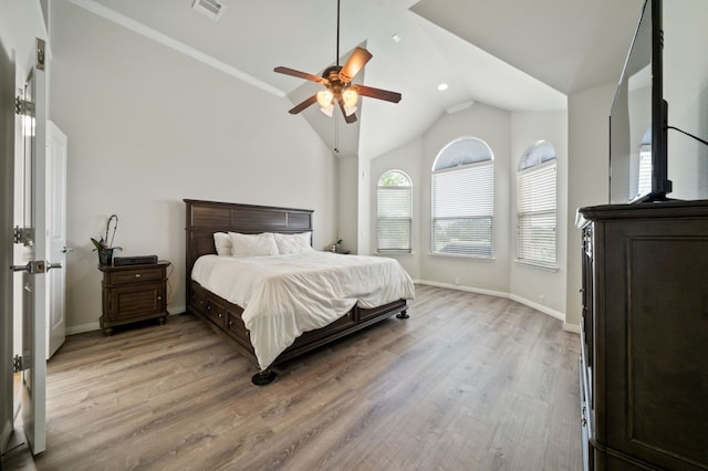 1581 Grassy Field Rd, Austin, TX 78737 - bedroom featuring light wood-type flooring, lofted ceiling, baseboards, and ceiling fan