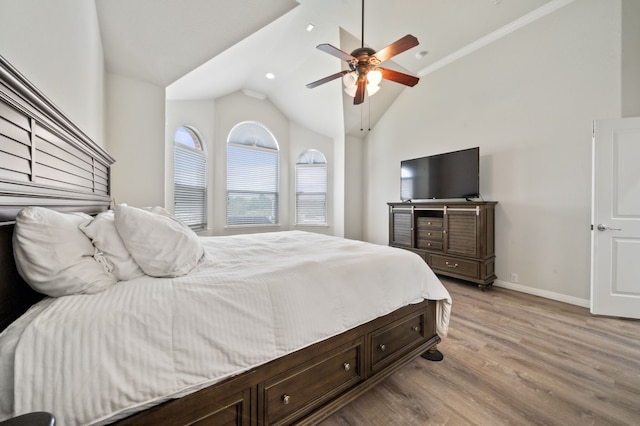 1581 Grassy Field Rd, Austin, TX 78737 - bedroom with light wood-type flooring, lofted ceiling, ceiling fan, and recessed lighting