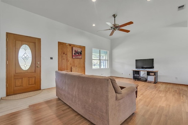 226 Mesa Rdg, Leander, TX 78641 - living room with a ceiling fan, light wood-style floors, and recessed lighting