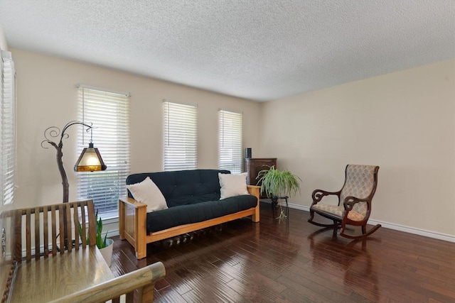 13215 Woodthorpe St, Austin, TX 78729 - living area with a textured ceiling, wood finished floors, and baseboards