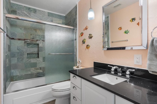 13215 Woodthorpe St, Austin, TX 78729 - bathroom featuring vanity, toilet, enclosed tub / shower combo, and a textured wall