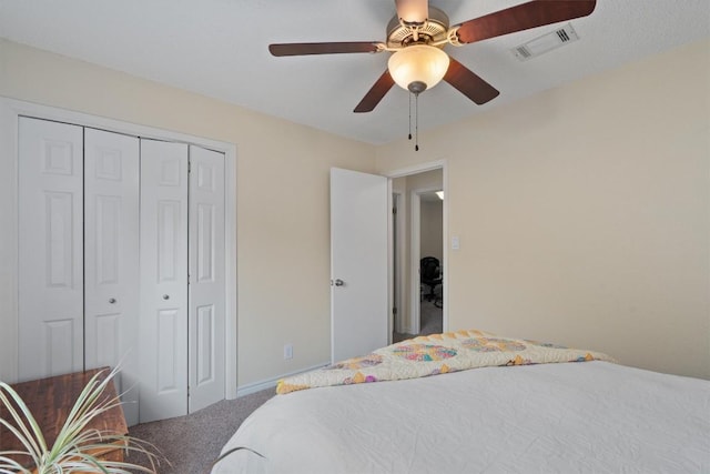 13215 Woodthorpe St, Austin, TX 78729 - bedroom featuring carpet flooring, a closet, and a ceiling fan