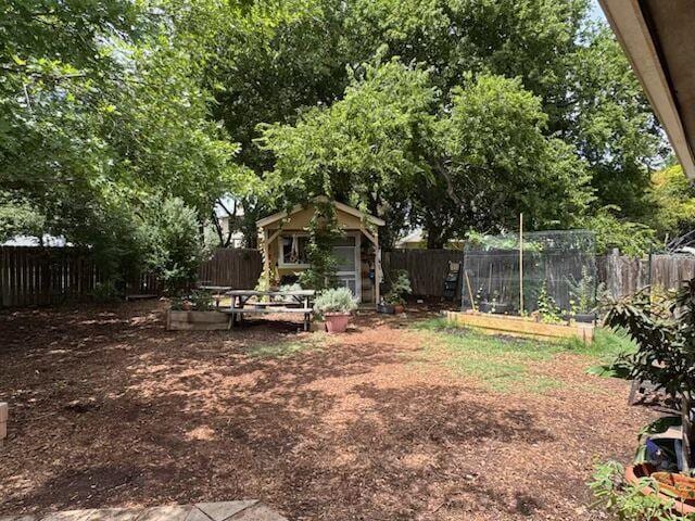 241 Wild Buffalo Dr, Kyle, TX 78640 - fenced backyard with a garden and an outbuilding