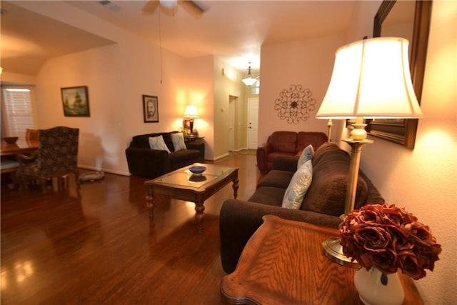 241 Wild Buffalo Dr, Kyle, TX 78640 - living room featuring wood finished floors, ceiling fan, and lofted ceiling