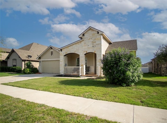 19108 Obed River Dr, Pflugerville, TX 78660 - french country home with covered porch, a front yard, an attached garage, and concrete driveway