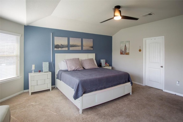 19108 Obed River Dr, Pflugerville, TX 78660 - carpeted bedroom featuring vaulted ceiling, baseboards, and a ceiling fan