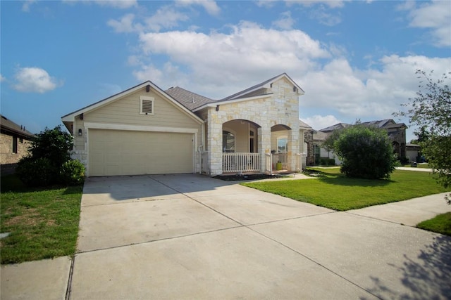 19108 Obed River Dr, Pflugerville, TX 78660 - french country inspired facade with stone siding, a front lawn, concrete driveway, covered porch, and a garage