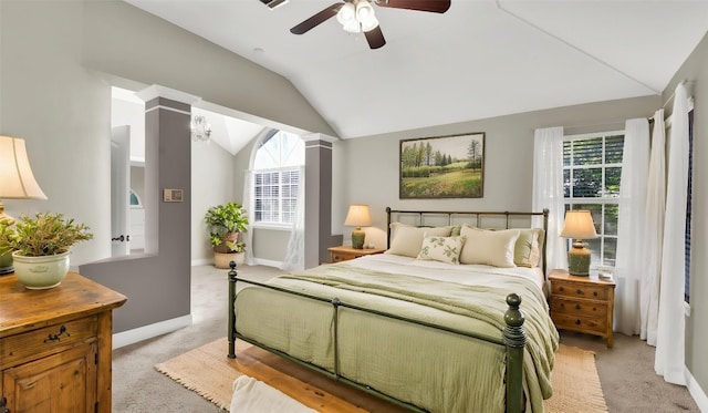 3504 Ashmere Loop SE, Round Rock, TX 78681 - bedroom with light carpet, vaulted ceiling, decorative columns, and a ceiling fan