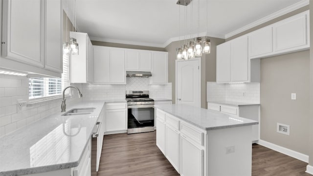 3504 Ashmere Loop SE, Round Rock, TX 78681 - kitchen with stainless steel appliances, under cabinet range hood, light stone countertops, tasteful backsplash, and a center island