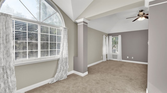 3504 Ashmere Loop SE, Round Rock, TX 78681 - unfurnished room featuring lofted ceiling, carpet flooring, and ceiling fan