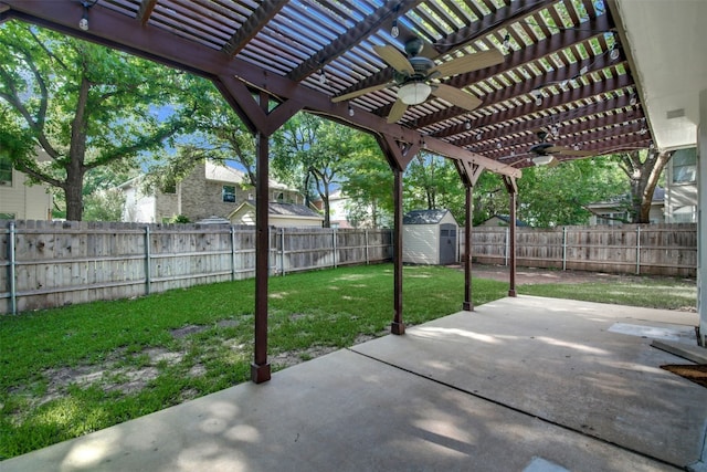 3504 Ashmere Loop SE, Round Rock, TX 78681 - fenced backyard featuring ceiling fan, a shed, a pergola, and a patio